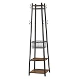 VECELO Industrial Coat Rack,Enterway Clothes Stand with 2 Tier Storage Shelves and Metal Basket,Upgrade Hall Trees with 8 Dual Hooks,Antique Brown