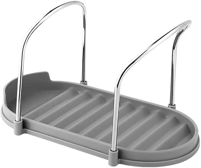 Pot Lid Holder Spoon Rest Stand,GRFELI, Kitchen Utensils Rest with Drip Pan,Countertop Organiser Rack for Ladles, Tongs, Spatula, Flatware Tray Shelf, Chopping Board Rack - Holds 2 pot lids