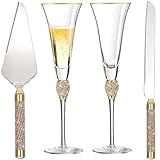 VARLKA Wedding Cake Knife and Server Set, 7Oz Crystal Champagne Flutes for Bride and Groom Toasting Cake Cutting Set for Wedding Engagement Gift