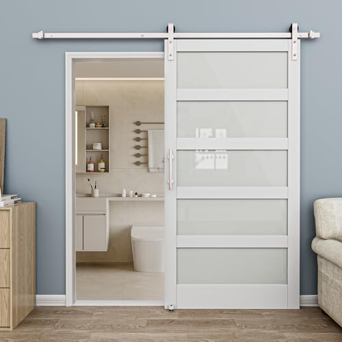 Puerta de granero de vidrio de 42 x 84 pulgadas con kit de herrajes de 7 pies en níquel cepillado; incluye puerta de vidrio esmerilado templado resistente al agua y a arañazos miniatura 1