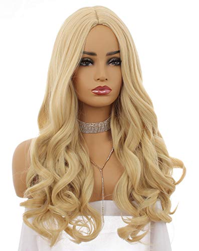 SHAO.W Womens Costume Honey Blonde Wigs, Long Wavy Mixed Color Synthetic Wig, Full Machine Made None Lace Replacement Hair Makeup Cosplay Daily Wear 24inch