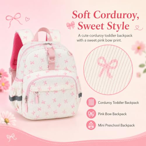 Image of LOIDOU Toddler Backpack for Girls Ages 2-4, 12 Inch Mini Preschool Daycare Bookbag with Insulated Snack Pocket, Corduroy Small Kids Travel Backpack, Pink Small Bow