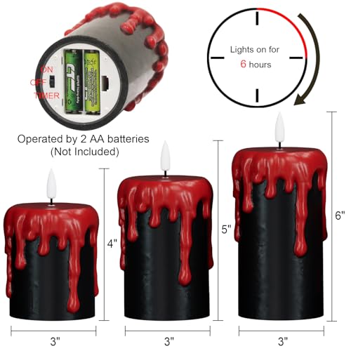Image of Battery Operated Flameless Candles with 6H Timer, Blood Dripping Wax Effect Black LED Pillar Candles 3D Wick Flickering Spooky Halloween Indoor Decoration Light(3 Pack, 3 x 4,5,6 Inches)