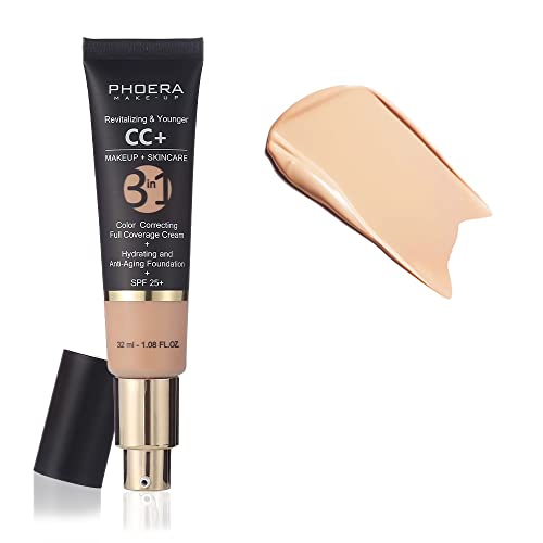 PHOERA Anti-Aging Color Correcting Full Coverage Cream Foundation SPF 25+ Revitalizing & Younger infused Concealer with Vitamins For dark circles, acne scars, wrinkles & redness. (Nude)