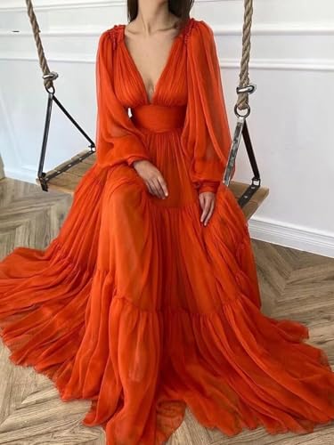 Women’s Deep V Neck Formal Evening Gowns Long Puffy Sleeve Prom Dress Tulle Maxi Wedding Guest Dress 20252