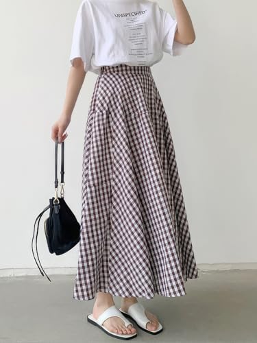 ebossy Women's Casual Retro Plaid A-Line Swing Boho Skirts Elastic Waist Flared Gingham Long Skirts2