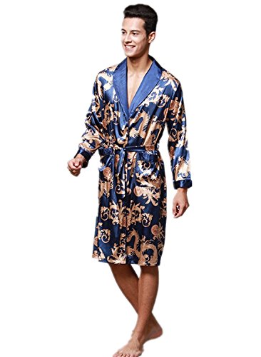 Men's Short Kimono Robes Silk Nightwear Bathrobes Blue