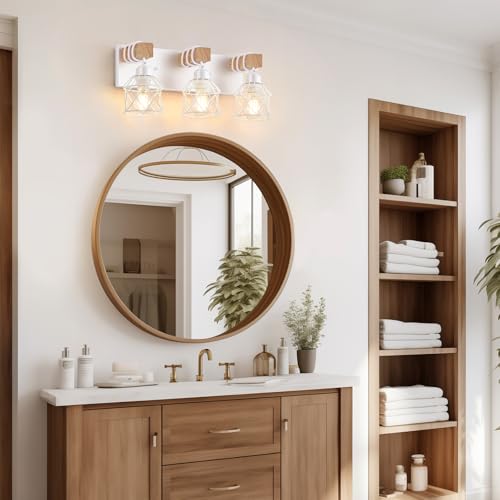 Image of FadimiKoo 3-Light Farmhouse White Bathroom Vanity Light Fixtures, Rustic Wood Vanity Lights for Bathroom, Modern Bath Sconces Wall Lighting with Elegant Metal Shade for Mirror, Living Room, Bedroom