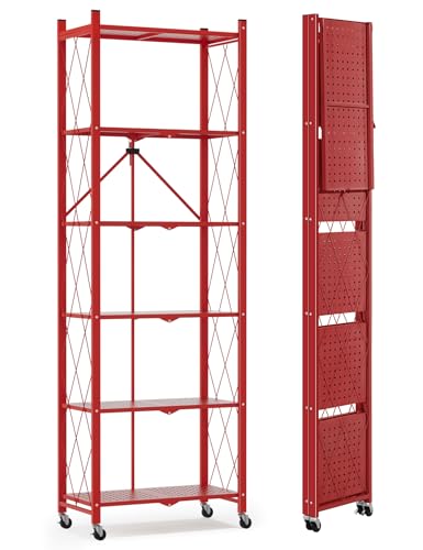 Image of ALANNG 73.6 Inch Folding Bookshelf, 6 Tier Metal Bookcase and Bookshelves | Tall Shelves for Living Room Office Bedroom, Heavy Duty Book Shelve Free Standing Open (Red, 1PACK)