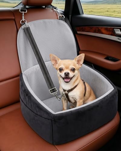 NUPIDA Dog Car Seat for Small Dogs, Dog Booster Seat with Extendable Backrest, Pet Car Seats up to 30 lbs, Washable Removable Cover Travel Bed with Storage Pockets and 2 Safety Leashes, Black&Grey — view 2