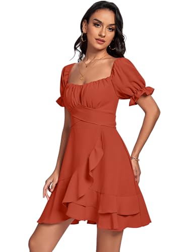 Image of LYANER Women's Square Neck Ruffle Mini Dress Off The Shoulder Short Sleeve A Line Flowy Graduation Dresses