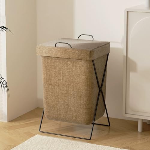 蓋付きランドリー バスケット、洗濯籠 折畳み、ポリエステル布製ランドリーバスケット、家庭用多機能汚れた衣類用洗濯物入れ、大容量(Brown)