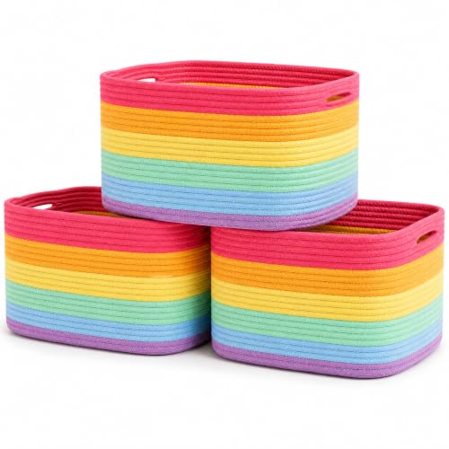 OrganiHaus Rainbow Cotton Rope Baskets for Shelves Set of 3 - 15109 - Colorful Storage Baskets for Kids - Nursery Playroom Classroom - Toy Storage Books Towels
