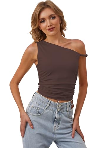 MISSACTIVER Women’s Off Shoulder Ruched Crop Tank Tops One Shoulder Twist Strap Crop Tops Summer Going Out Top Crop Shirts2