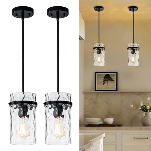 JIMKIGTO 2 Pack 5.5' Black Hammered Hand-Blown Glass Pendant Light Farmhouse Black Pendant...