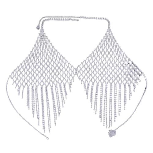 Rhinestone Chest Chain Body Chain Crystal Bikini Bra Chain Summer Beach Nightclub for Women (Silver)