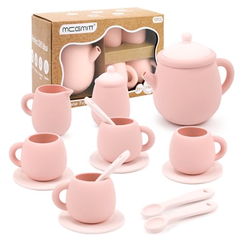 MCGMITT Silicone Tea Party Set, Toy Tea Set for Toddlers Kids, Includes Teapot, 4 Tea Cup and Coasters, Creamer, Sugar Bowl, 4 Spoon, Dishwasher Safe Pretend Teapot Set for Girls Boys Birthday Gifts