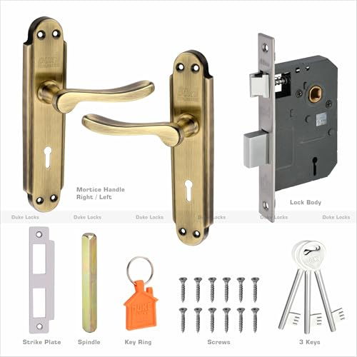 Image of Duke Stainless Steel Mortice Door Lock Set 2003 BA KY for Main Door, Kitchen, Bedroom, Office, Brass Lock Body with Premium Design and 3 Keys Brass Antique Color 190 MM (8 INCH)