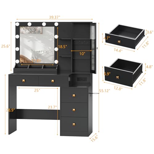 Image of HUANLEGO Vanity Desk with Mirror and Lights, Black Makeup Vanity Set with 5 Drawers, Jewelry Organizer& LED Glass Cabinet, 3 Light Mode Dressing Table for Girls, Vanities Mirror with Lights Desk