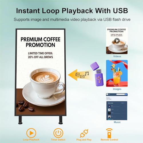 Image of 32 inch Digital Signage Display, 700nits Portable Digital Signage, LCD Advertising Display, Plug&Play, CMS, 24 /7 Operation, Split Screen, HDMI /USB /WiFi /Android with Auto Media Player for Restaurant