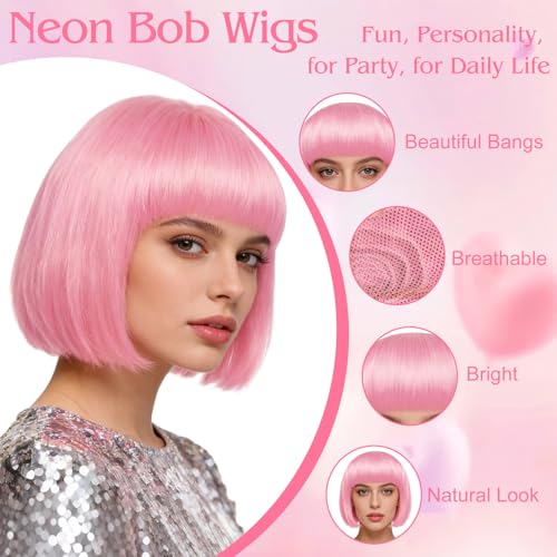 Image of MEEZY 2 Pcs Colorful Bob Wigs with Bangs Black Pink for Women, Neon Fun Wig Short Bob Hair with Heart Sunglasses Hair Cap for Halloween Costume Cosplay Photography Birthday Bachelorette Party Carnival
