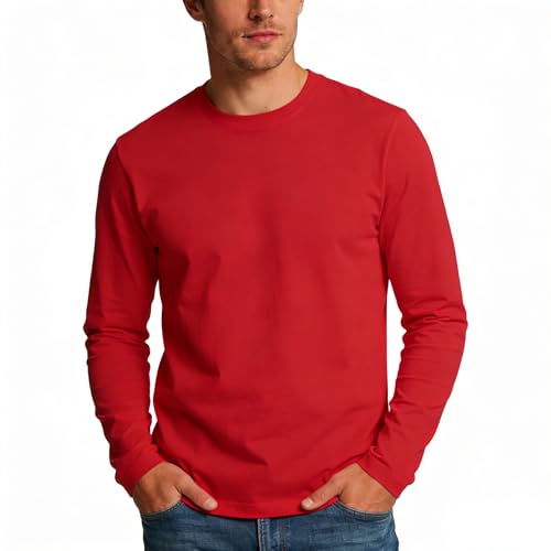 FamilyBlisst Adult Crew Neck Long Sleeve Men T-Shirt Solid Color Red Size Large