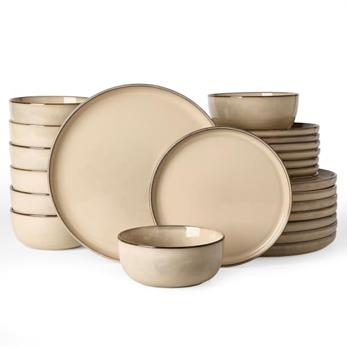 Image of Famiware Milkyway Stoneware Dinnerware Set, 24-Piece, Double Reactive Glaze, Plates and Bowls, Service for 8, Microwave and Dishwasher Safe, Scratch-Resistant, Milk Tea