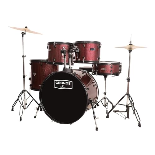 Image of ARCTIC CRONOS 5 Piece Complete Acoustic Drum Kit /Drumset with drumsticks, Cymbals and throne - Nickel Hardware. Best Sounding shells, most durable build, Professional level Configuration. (Red)