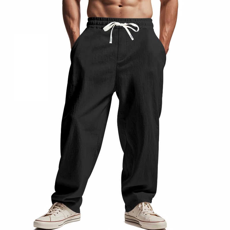Mens Linen Pants Casual Drawstring Elastic Waist Trousers with Pockets Loose Fit Summer Beach Pants