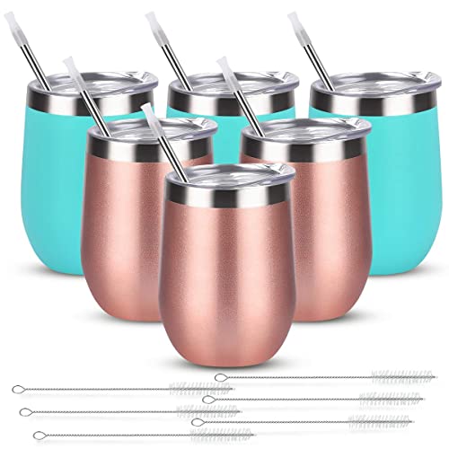 6 Pack 12Oz Stainless Steel Stemless Wine Glasses, Set Of 6 Insulated Wine Tumblers With Lids And Straws, Stainless Steel Cups For Wine, Champaign, Cocktail, Coffee, Ice Cream (Rose Gold Aqua Blue) #TOP23