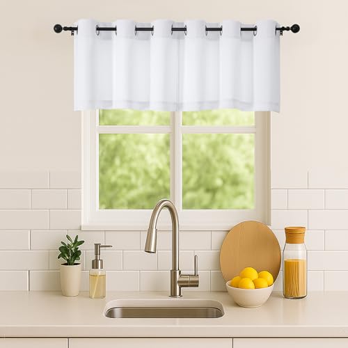 Image of Simplebrand Pure White Kitchen Valances for Windows 18 Inches Long 2 pack, Light Filtering Window Valances for Living Room, Grommet Short Straight Drape Kitchen Curtains for Bedroom Kids Room, 40Wx18L