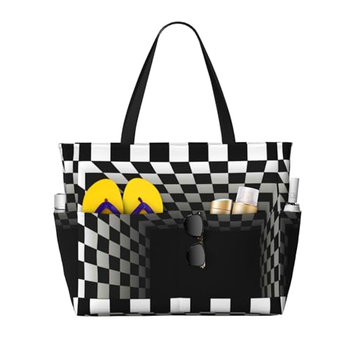 3d Black And White Checkerboard Tunnel Print Beach Pool Bags Tote For Women Ladies Large Gym Tote Carry On Bag For Weekender Travel Waterproof