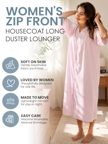 Image of Casual Nights Women's Zip Front Woven House Dress | 3 /4 Sleeves Housecoat Long Duster Lounger
