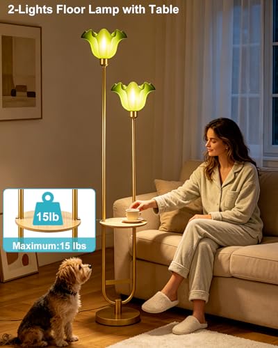 Image of Lightdot Dimmable Green Flower Floor Lamp for Living Room, Modern Mid Century Floor Lamp with Table, U-Shape 2 Lights Gold Tall Standing Lamp for Bedroom /Sofa Beside /Corner Decor(Bulb Included)