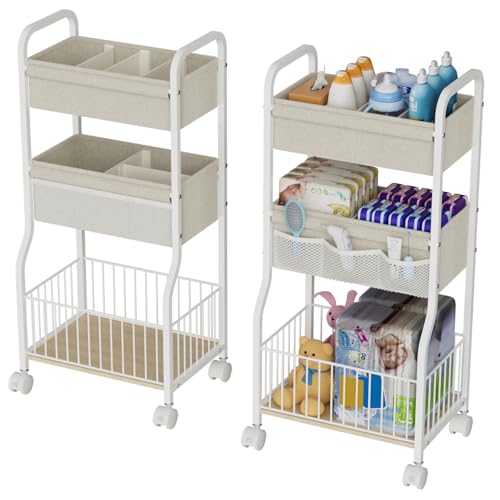 Image of NEYCIL 3-tier Baby Diaper Caddy Organizer and Storage Cart with 4+3 Dividers, Metal Utility Cart with Lockable Wheels for Nursery, Bedroom, Bathroom, White