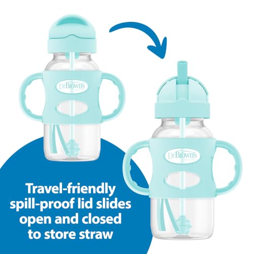 Dr. Brown's Wide-Neck Sippy Straw Bottle with Handles, Gray & Green, 2-Pack | Teach baby straw-sipping skills, weighted straw lets them drink in any direction, 100% silicone handles, 9 oz, 6m+ - image 4