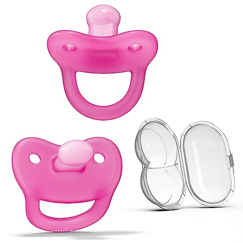 Image of Smilo Newborn Baby Pacifier with Sterilization Box - 2 Pack of Orthodontic Pacifiers for Babies from 0-2 Months - Expands to Support The Palate During Soothing - BPA-Free - Pink