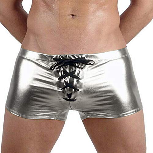 Testudineus Men's Liquid Metallic Boxer Shorts Drawstring Underwear Briefs Swimsuit Trunks Underpants Swimwear, Silver B, XX-Large
