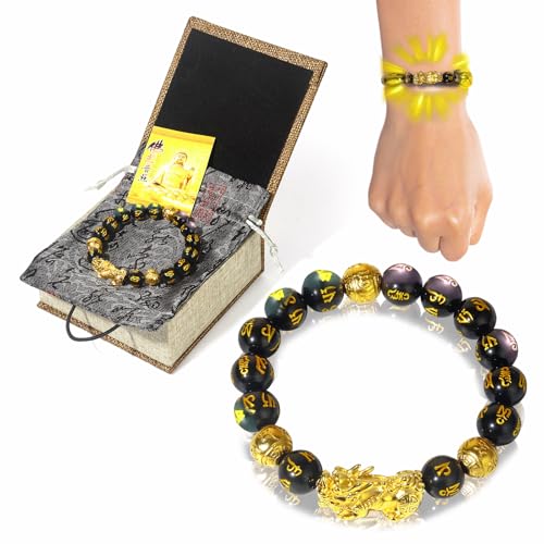 Feng Shui Bracelet 24K Gold Plated PiXiu Bracelet, Obsidian Dragon Protection Meditation Decompression Prayer Beads Lucky Wealth Bracelets for Men Women