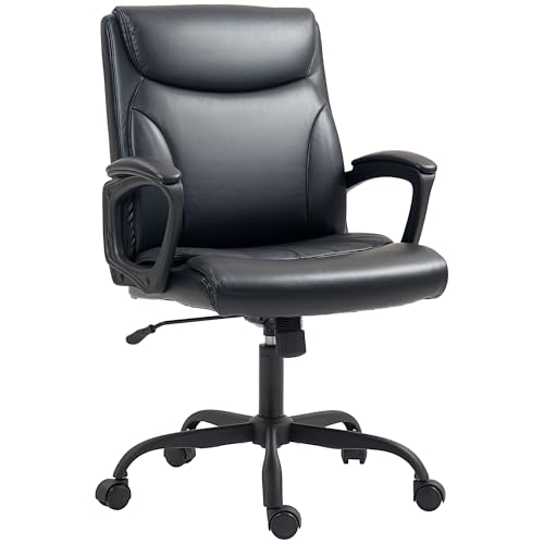 HOMCOM Silla de Oficina Ergonómica con Reposabrazos, Silla de Escritorio Giratoria con Altura Ajustable y Función Balancín, Sillón de Oficina de Piel sintética para Estudio, Negro