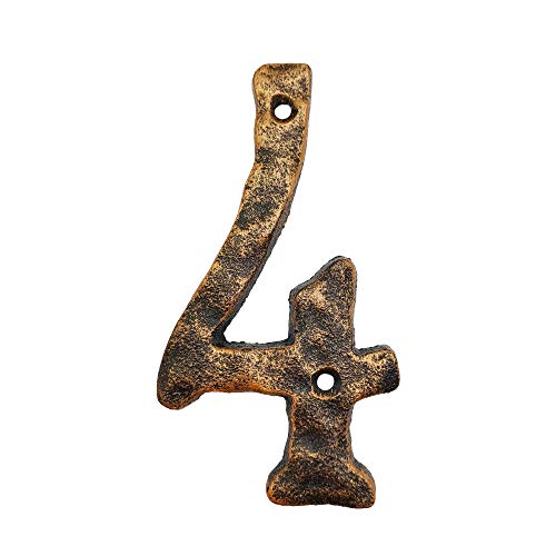 Números de casa de 6 pulgadas, número de dirección de casa de hierro fundido rústico, con aspecto único martillado con acabado de latón antiguo desigual, número 4