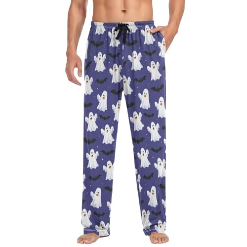 Men’s Cute Ghosts and Bats Pajama Pants with Pockets, Comfortable Lounge Sleep Bottoms#5833