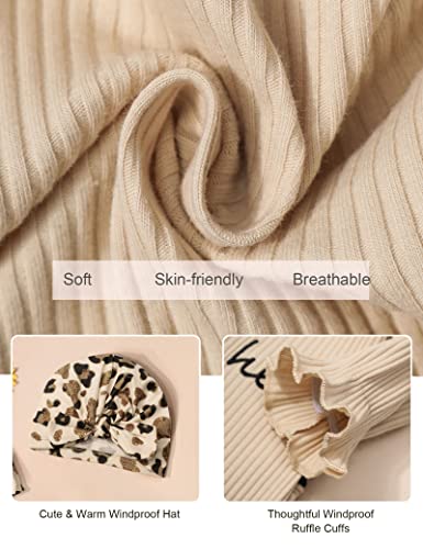 Agapeng 0-3 Months Baby Girl Clothes Hi I'm New Here Romper Ruffle Long Sleeve Baby Girl Onesies Boho Leopard Print Bell Bottom Jumpsuit With Hat Headband Baby Girl Outfit 0-3 Months Apricot #TOP4