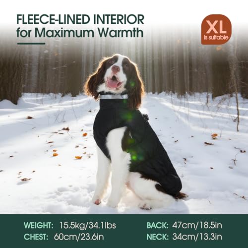 Kuoser Winter Hundejacke für mittelgroße Hunde, Wasserdichter & Winddichter Hundemantel mit Fleecefutter, Reißverschluss, D-Ring & Reflektoren, Warme Outdoor Hundebekleidung für Herbst & Winter, L