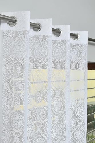 Image of Fabrilia Polyester Sheer Net Damask Design Semi Transparent Eyelet Long Door Curtains 9 feet Set of 2- White