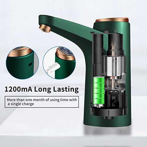 BIMVER Water Dispenser for 5 Gallon Bottle, 600ml Quantitative Water Pump,2 Colors Power Light,Portable USB Charging Bottle Pump,Multipurpose Dispenser for Home Camping for 2-5 Gallon, Green