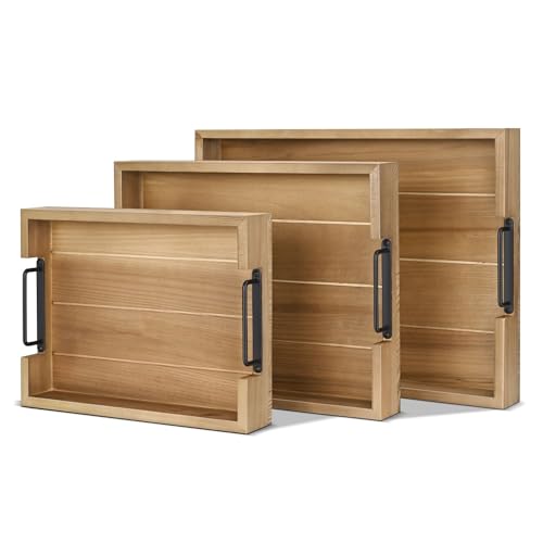 Flexzion Rustikales Servierset – 3-teiliges Serviertablett aus Tannenholz mit Griff, stapelbares Charcuterie-Tablett für Ottomane, Couchtisch, Ess- und Deko-Set