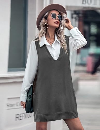 Image of HOTOUCH Women Sweater Vest Oversized V Neck Sleeveless Knit Pullover Ribbed Vest Dress with Pockets