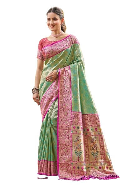 sangam prints Women's Pestal Green Color Kanjivaram Silk Woven Work Traditional Saree-picture-42