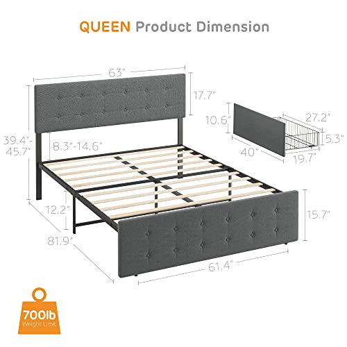 Idealhouse Queen Platform Bed Frame With Storage And 4 Drawers, Button Upholstered Bed Frame With Drawers And Headboard, Mattress Foundation With Wood Slat Support, No Box Spring Needed #TOP1